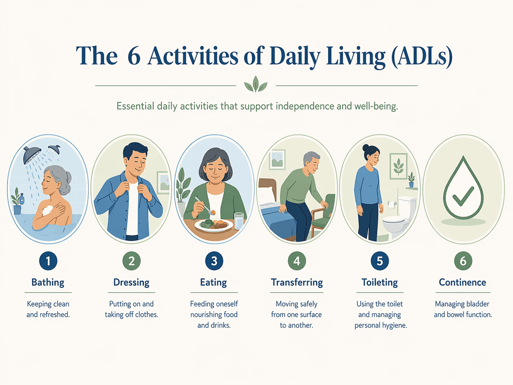 An illustration showing the six Activities of Daily Living: bathing, dressing, eating, transferring, toileting, and continence.
