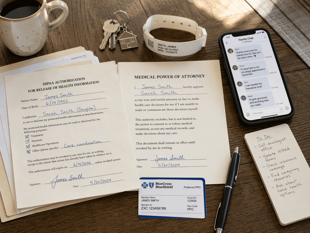 Caregiving documents, hospital wristband, keys, insurance card, phone, and legal forms arranged on a kitchen table