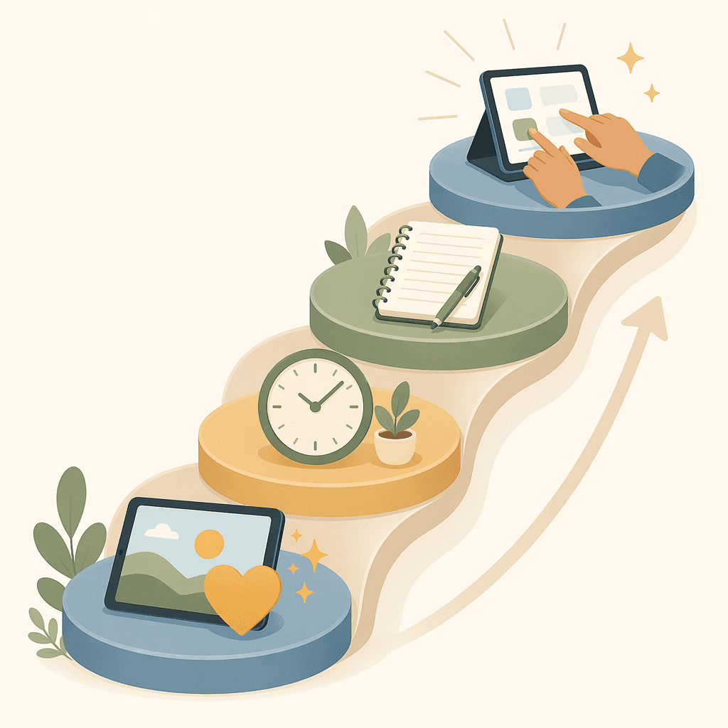An editorial illustration showing an upward stepped pathway with four platforms: a sparkle icon for relevance, a clock for slow pacing, a notebook for written reference, and hands on a screen for active practice.