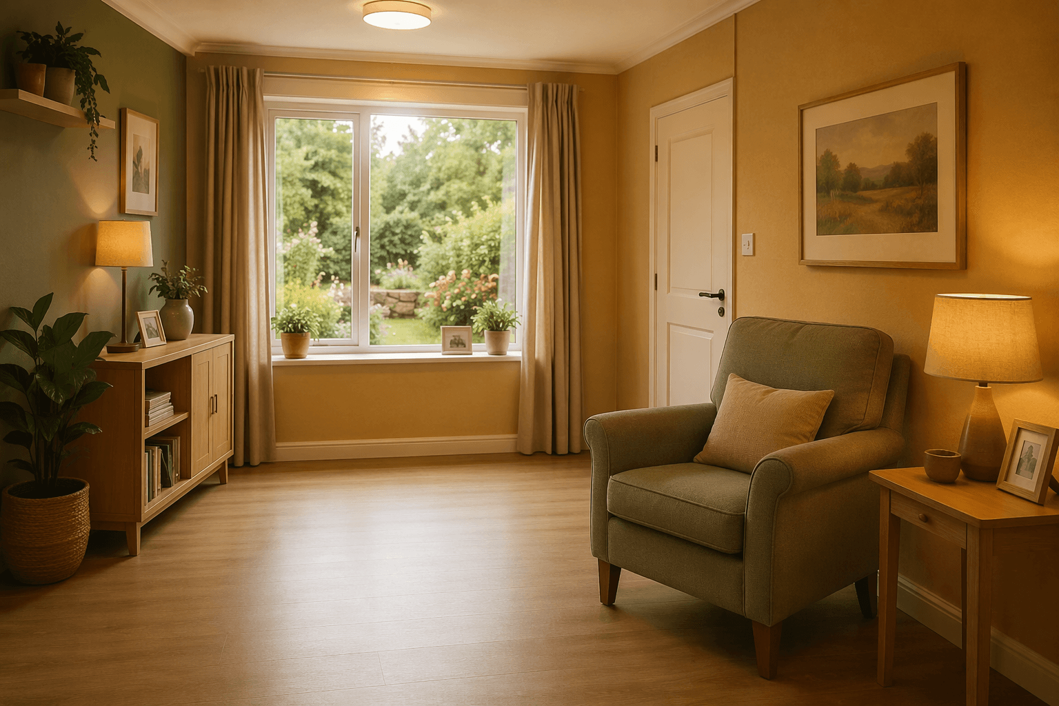A dementia-friendly living room with clear, uncluttered space, non-slip flooring, soft ambient lighting, a comfortable armchair, and a lamp on a side table. No busy-pattern rugs.
