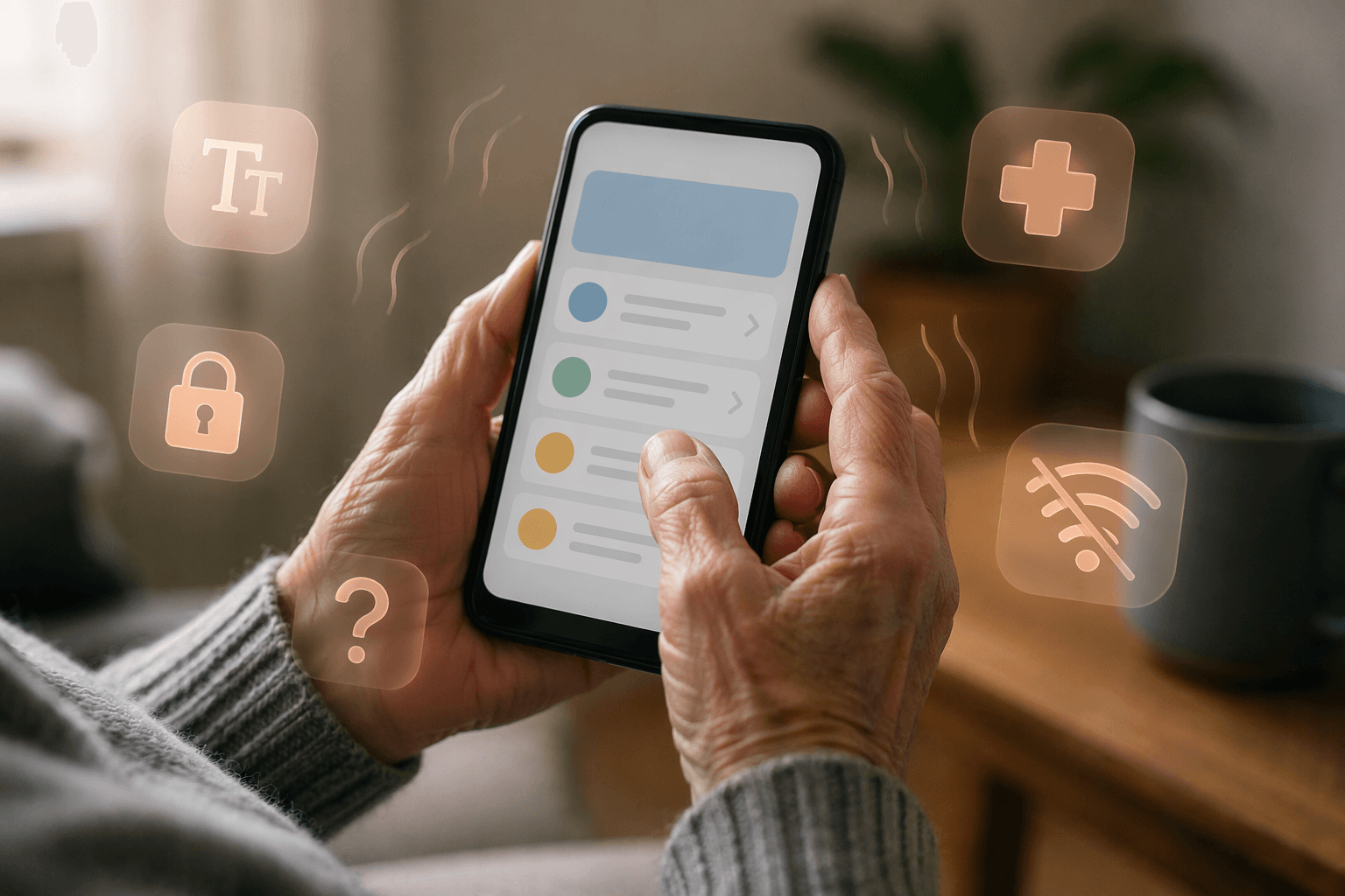 Older adult hands holding a smartphone with icons suggesting small text, privacy, confusion, health, and Wi-Fi barriers