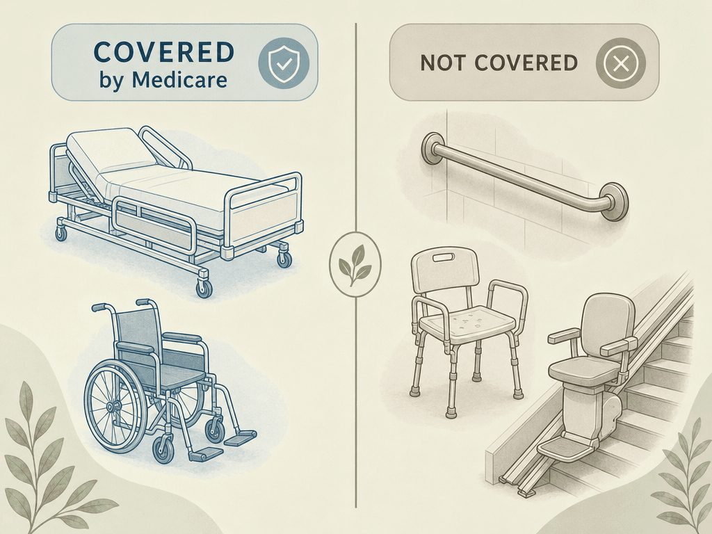 A side-by-side editorial comparison visual showing what Medicare covers (a hospital bed and wheelchair in soft blue on the left) versus what Medicare does not cover (a grab bar, shower chair, and stair lift in warm gray on the right), with a clean divider between the two columns on a sage green background.