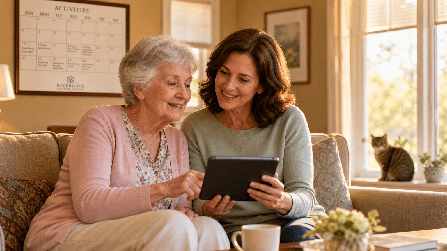 An older woman with silver hair and her adult daughter sit together on a comfortable couch in a bright senior living common area, looking at a tablet and conversing warmly.