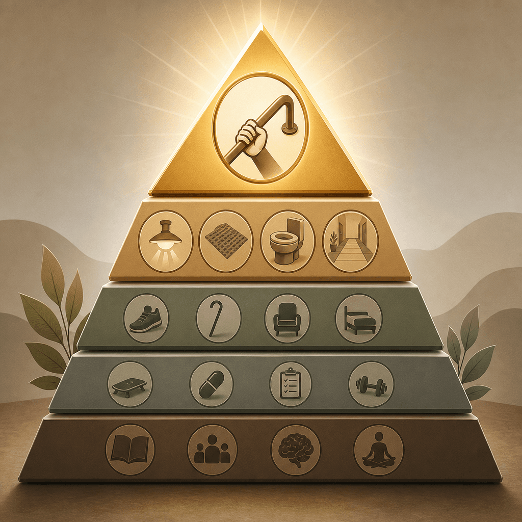 An editorial style visual hierarchy illustration with a pyramid shape where the topmost, brightest level features a hand gripping a curved grab bar icon representing secure rails, and lower levels show icons for other home modifications like lighting, non-slip flooring, and raised toilet seats.