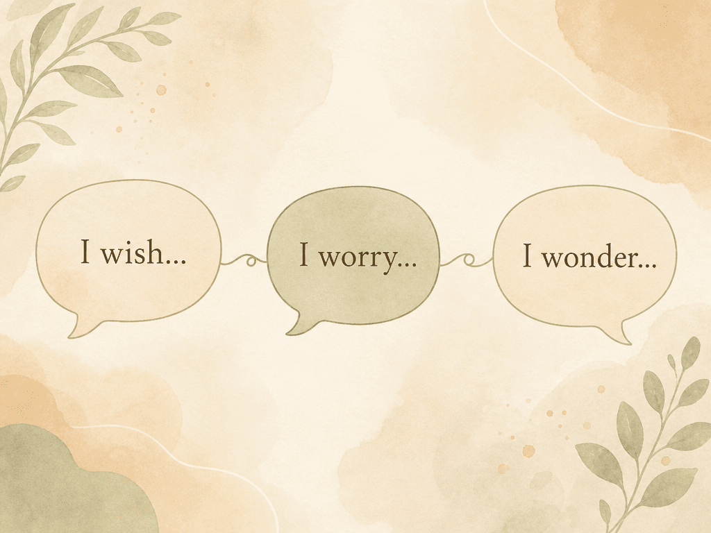 Three soft speech bubbles in warm cream and sage green tones connected by a flowing line, each containing a handwritten-style phrase: 'I wish...', 'I worry...', 'I wonder...' against a soft watercolor background in warm beige tones with organic shapes.