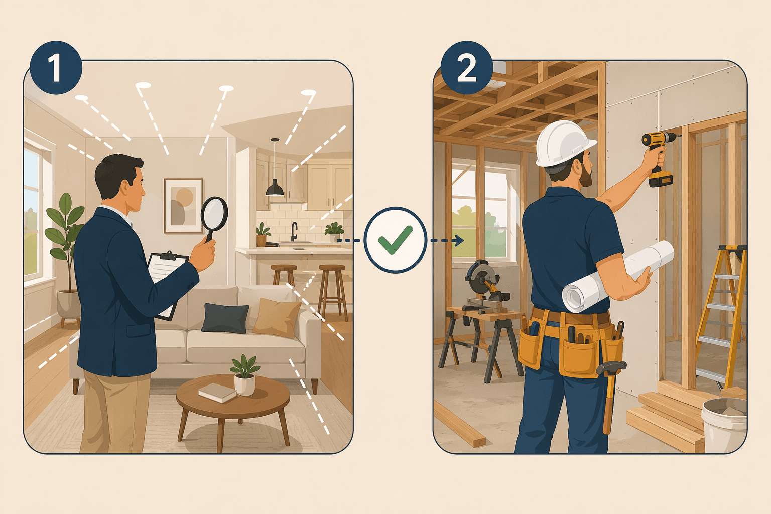 Illustration of a two-step workflow: a professional with a clipboard and magnifying glass examines a home (the CAPS assessment), followed by a different professional with a tool belt and blueprints carrying out construction, connected by a checkmark.