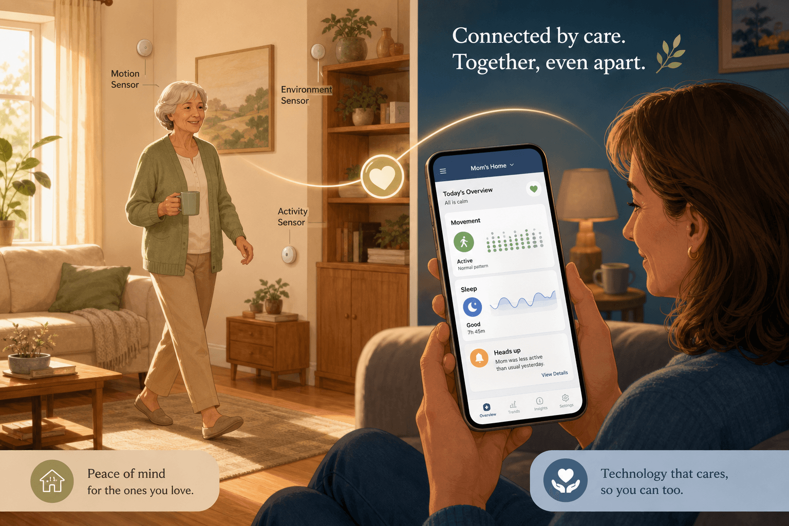 Split-scene illustration of two connected home environments: left side shows a sunlit living room with an older adult moving comfortably and small unobtrusive sensor nodes on walls; right side shows an adult child viewing a smartphone dashboard with abstract data icons.
