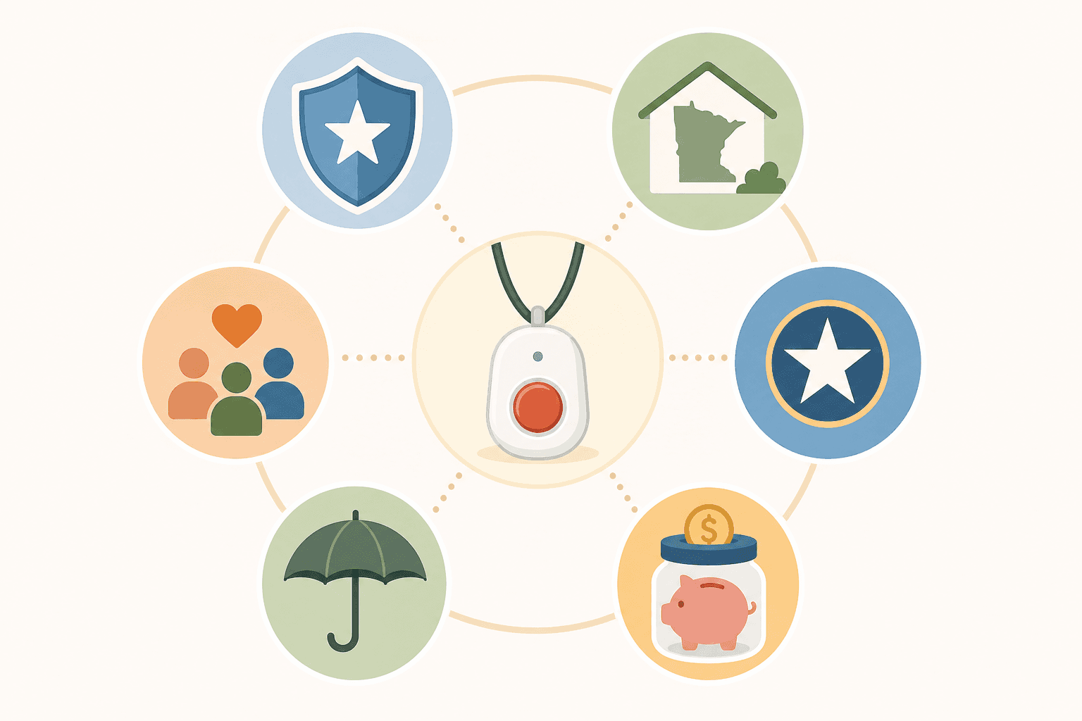 Hub-and-spoke illustration showing a medical alert pendant at the center surrounded by six funding pathway icons representing different coverage options.