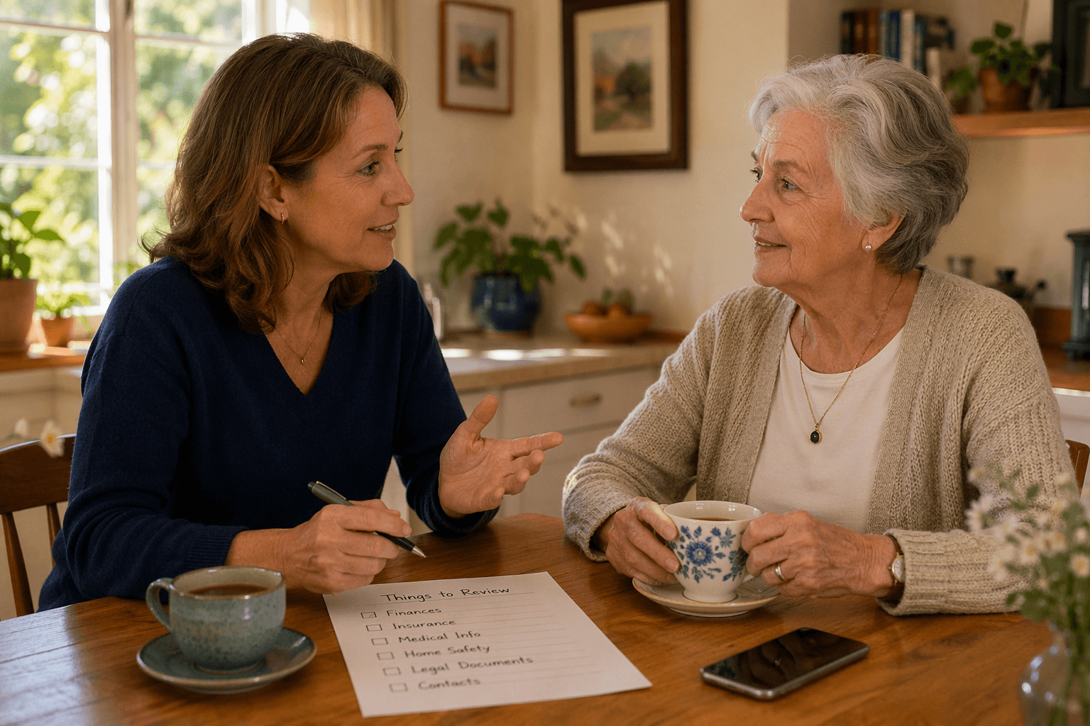 An adult child and their older parent sit facing each other at a kitchen table, having a calm conversation with open body language.