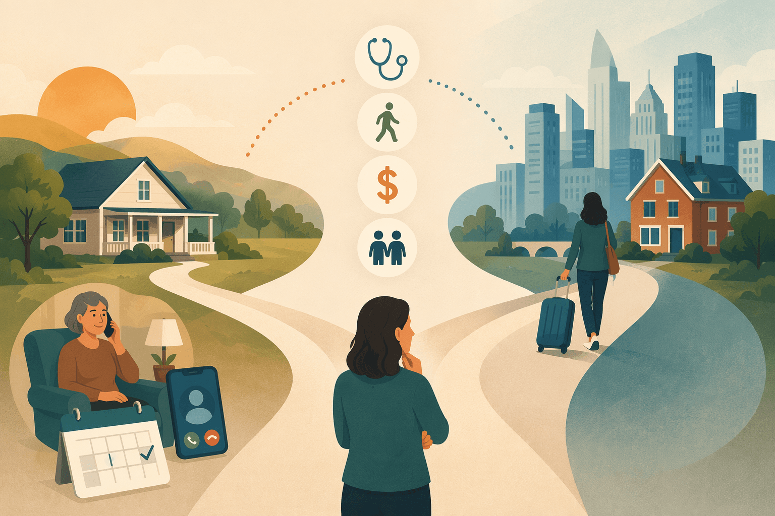 Editorial illustration showing a decision framework with two branching pathways: one path leads to a city skyline with a house icon (relocation), the other shows a person in place with calendar and phone icons (long-distance caregiving), with stethoscope, walking figure, dollar sign, and family silhouette icons balanced between the pathways in warm muted colors.