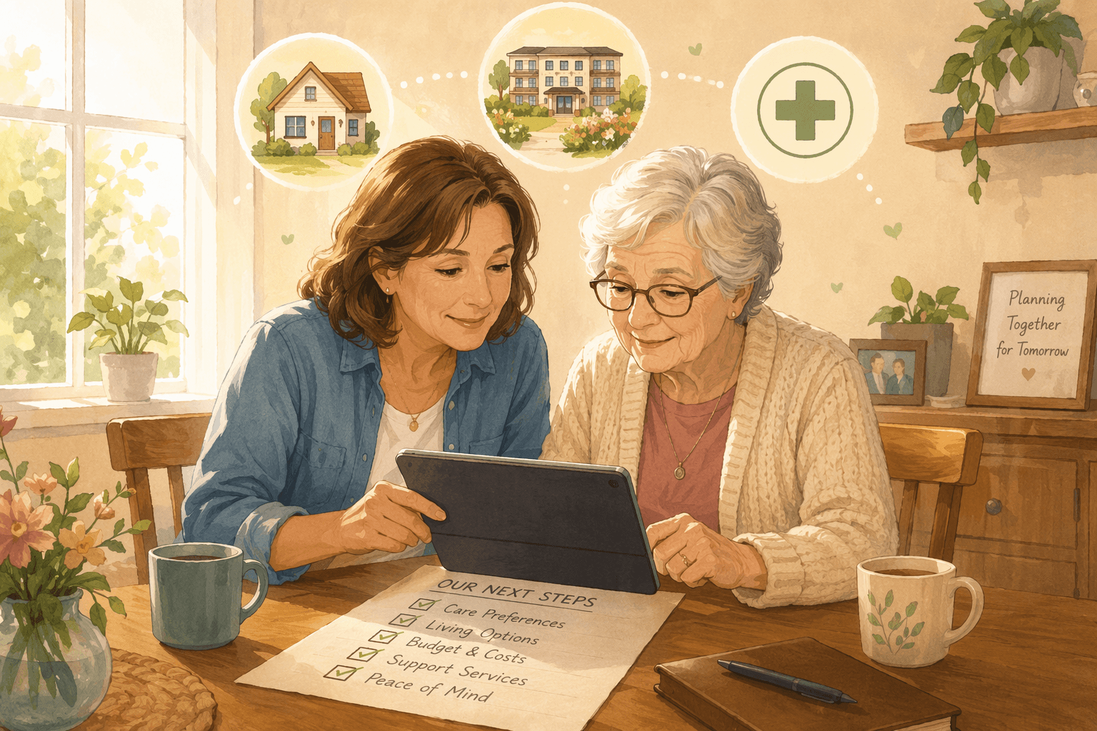 A middle-aged adult child and an older parent sit together at a wooden kitchen table reviewing a tablet and paper checklist.
