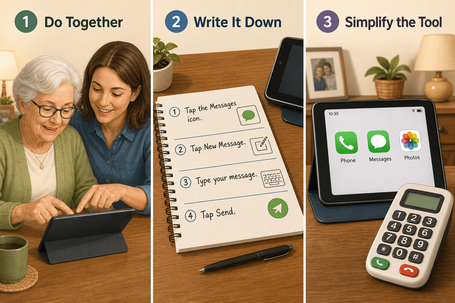 An editorial illustration showing three panels representing the three-phase approach to teaching technology to someone with memory loss. Left panel shows a caregiver and older adult seated together at a table with hands on a tablet. Center panel shows a close-up of handwritten step-by-step numbered instructions on paper. Right panel shows a simplified tablet home screen with three large icons and a large-button landline phone.