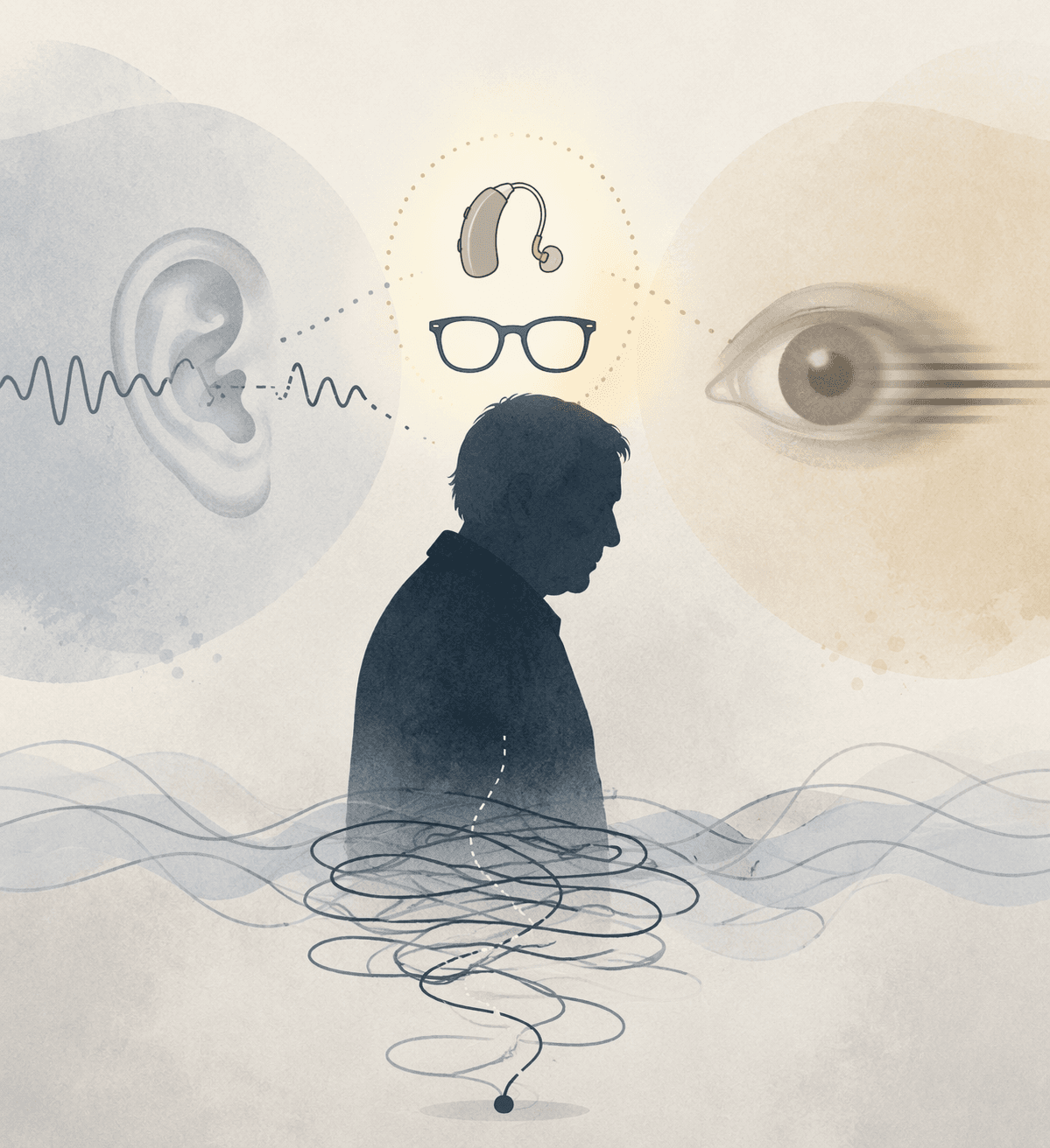 Older adult silhouette with eye and ear symbols showing vision and hearing changes related to balance