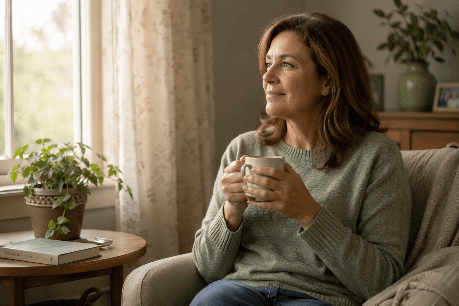 A woman in her late 40s or early 50s sits alone in a calm sunlit room, holding a warm mug of tea with both hands, looking out a window with a peaceful, reflective expression. She wears a soft sweater. A houseplant and a book sit on a side table. Natural daylight fills the room.