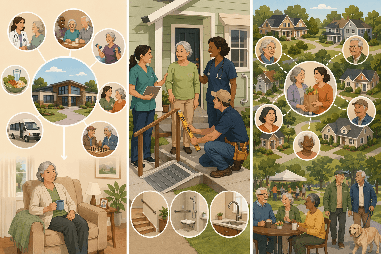 Three editorial panels illustrating the PACE, CAPABLE, and Village models for aging in place.