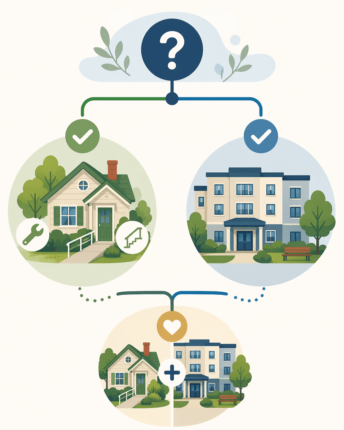 Decision flowchart illustration showing a branching path from a question mark to a house icon, a building icon, and a combined hybrid icon.