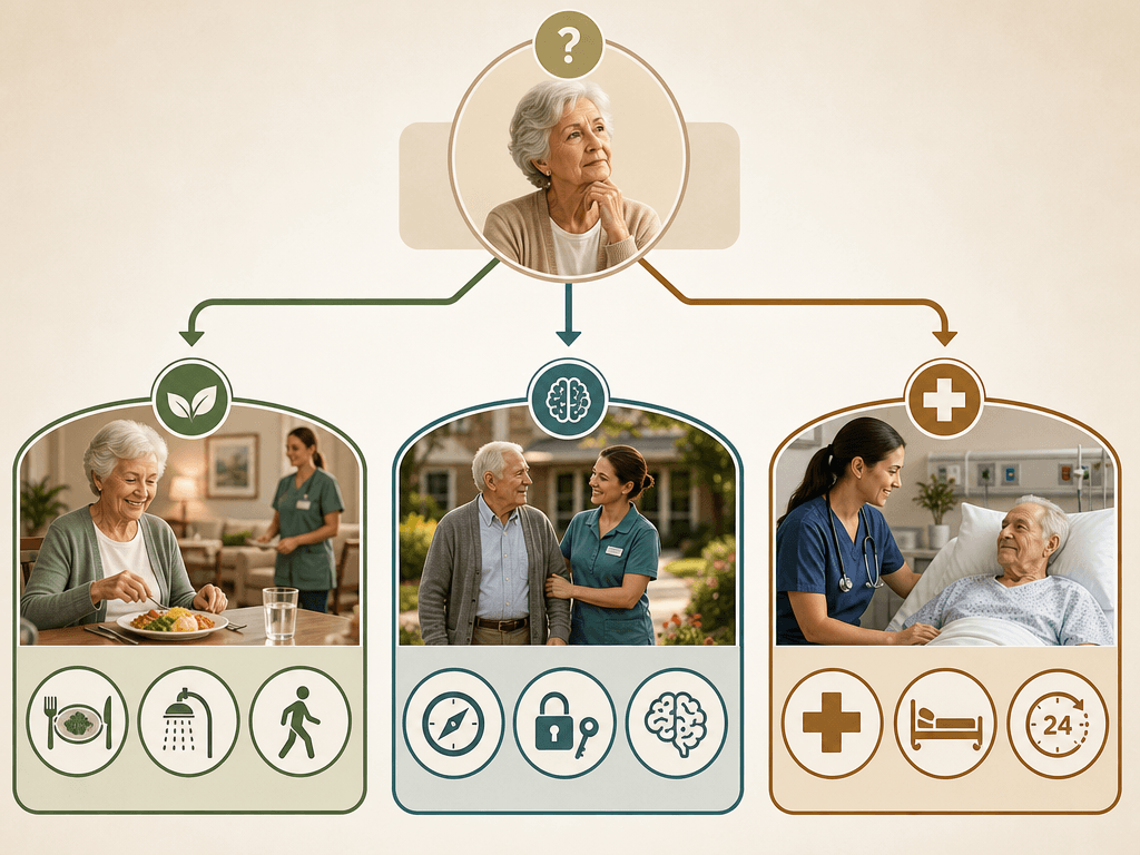 Editorial illustration of a decision flow chart with three branching visual lanes for assisted living, memory care, and nursing home selection, with icons representing ADL support, secured environment, and medical care.