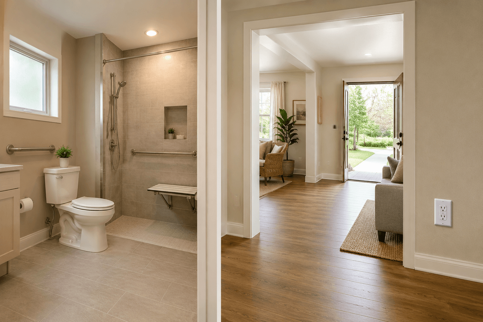 Bathroom and living area showing grab bars, walk-in shower, wide doorways, step-free entry, and raised outlet