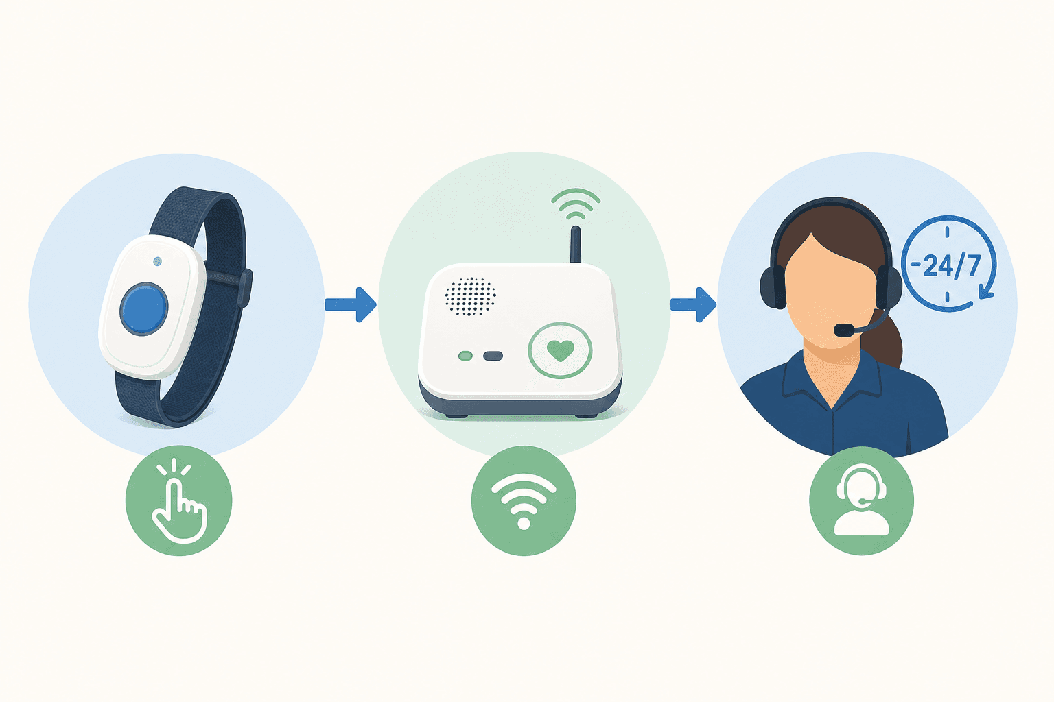A flat-design diagram showing three icons connected by arrows from left to right: a wearable pendant transmitter, a home base console, and a monitoring center headset.