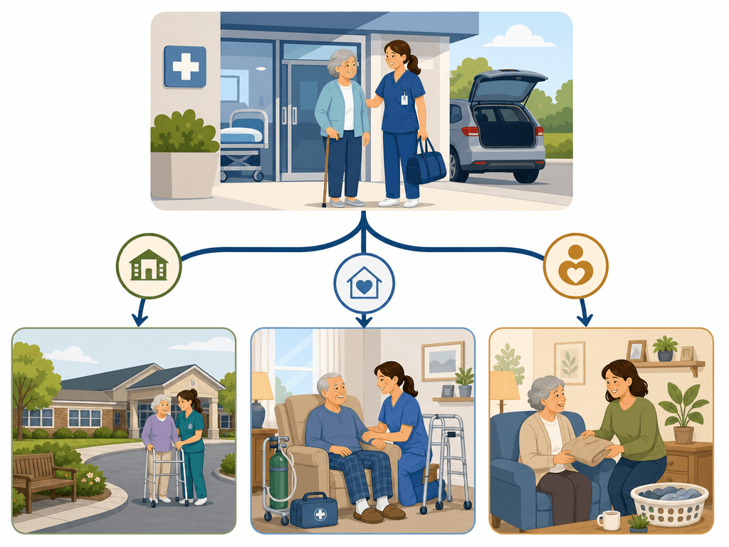 A decision-pathway illustration showing three branches after a hospital discharge scene: one leading to a skilled nursing facility, one to a home with a home health aide, and one to a home with a non-medical caregiver.