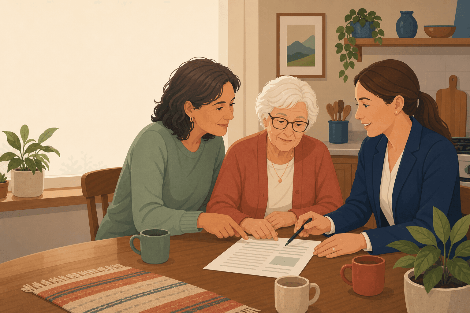A middle-aged adult child and an elderly parent sit at a kitchen table with a friendly caregiver, all reviewing a document together in a warm home setting.