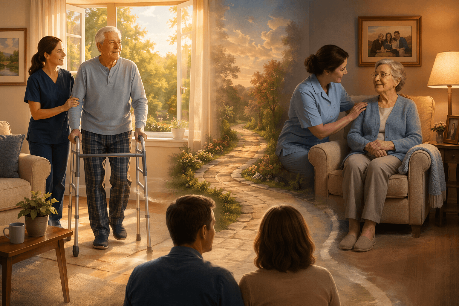 Split illustration: left side shows a senior walking with a walker in a sunlit home, right side shows a senior seated with a caregiver's supportive hand on their shoulder.