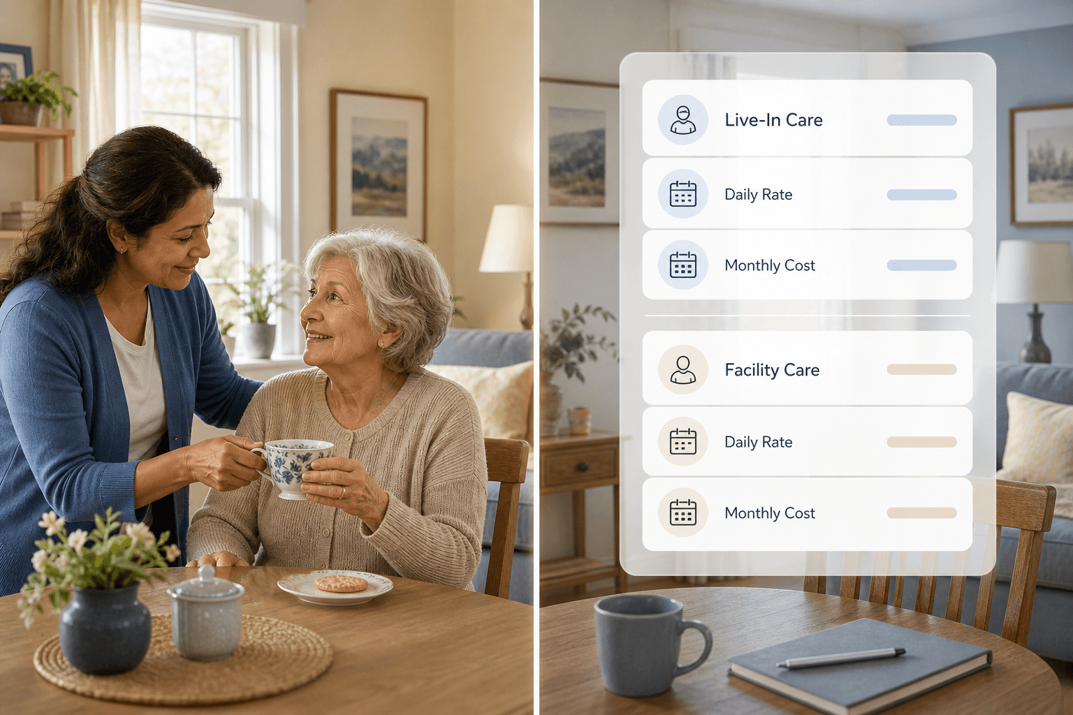 Split composition of a warm living room showing live-in care on one side and a cost information overlay on the other.