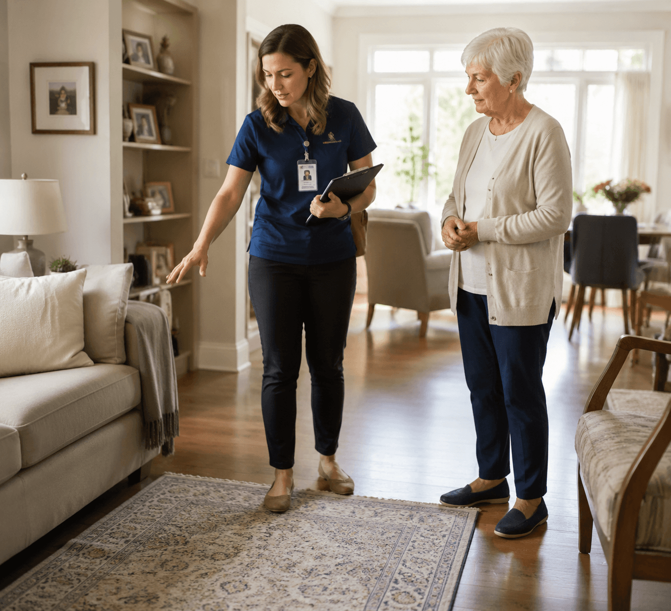 Occupational therapist reviewing a living room with an older woman during a home safety assessment