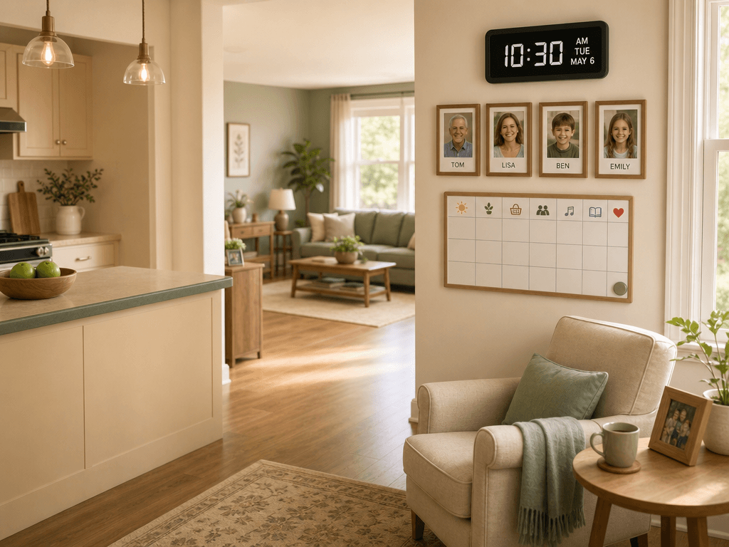 A calm, familiar kitchen and living room designed for an older adult with cognitive needs. Open layout with clear sightlines, a kitchen counter with a contrasting colored edge, a large digital wall clock, a family photo wall, a simple weekly calendar whiteboard with icons, and consistent floor color between rooms.