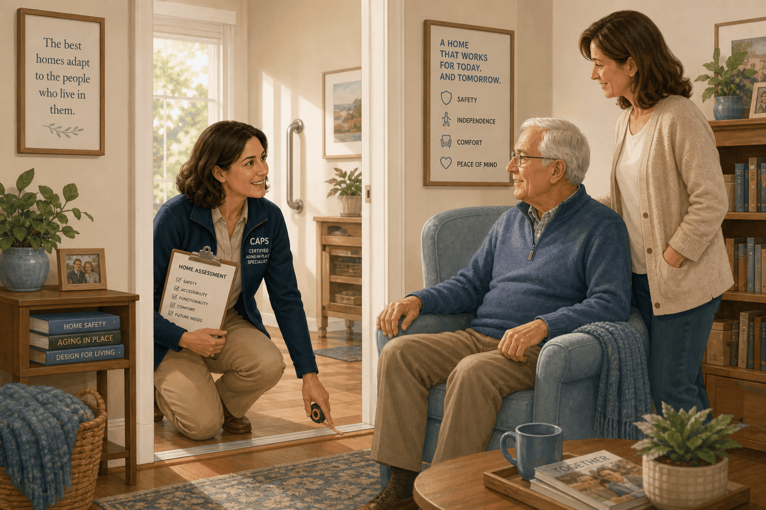 A warm editorial illustration of a CAPS specialist holding a clipboard and measuring tape, pointing at a doorway threshold while an older adult sits in an armchair and an adult child stands nearby in a sunlit living room with soft blue and neutral tones.
