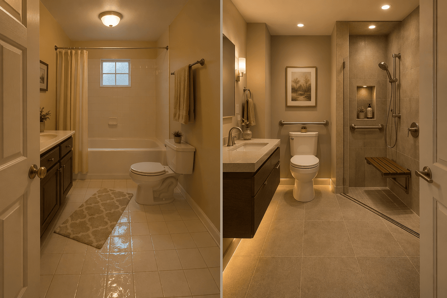 Split-comparison bathroom. Left: traditional bathroom with high tub rim, glossy wet floor, dim lighting, loose bath mat, standard low toilet, towel bar mimicking a grab bar. Right: transformed bathroom with curbless walk-in shower with linear drain, teak bench, handheld showerhead, brushed nickel grab bars at toilet and shower, comfort-height toilet, textured matte porcelain floor tile, lever faucet, and warm motion-activated LED night lighting along the base. The right half has a warm, spa-like feel.