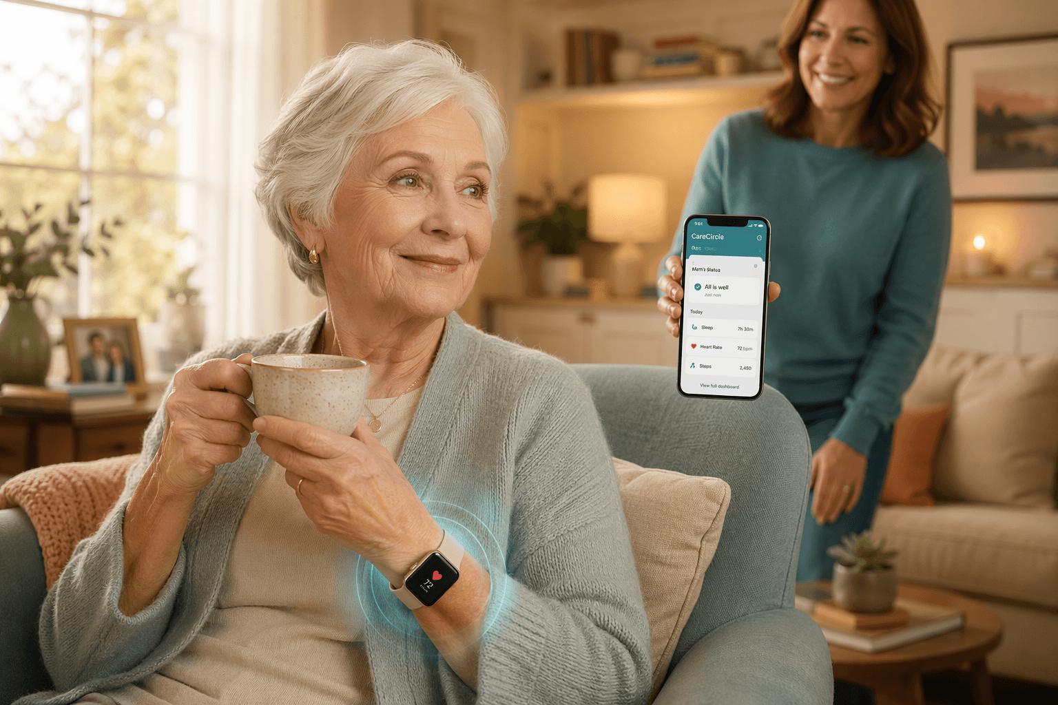 An older woman with white hair sits comfortably in a warm living room holding a cup of tea, wearing a smartwatch with a soft glowing aura around it. In the background, a younger adult is partially visible looking at a smartphone.