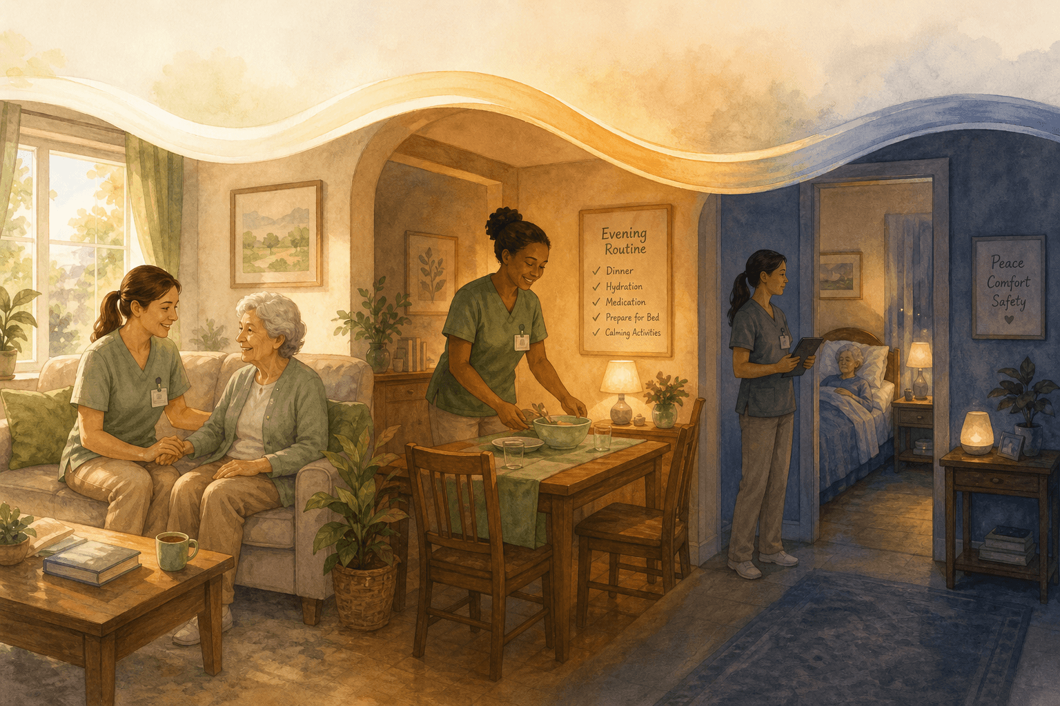 A digital illustration flowing through a home across day, evening, and night scenes: a sunlit living room with a caregiver engaged with an elderly person, a warm lamp-lit dining room with a second caregiver handling evening routine, and a softly lit hallway with a third caregiver awake and monitoring.