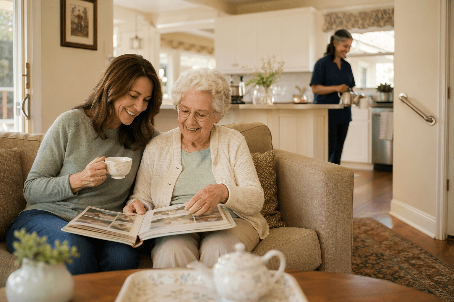 A warm, sunlit living room where an adult daughter and her elderly mother sit together on a sofa looking at a photo album and sharing tea, both smiling. In the softly blurred background, a professional caregiver in casual attire tidies the kitchen counter.