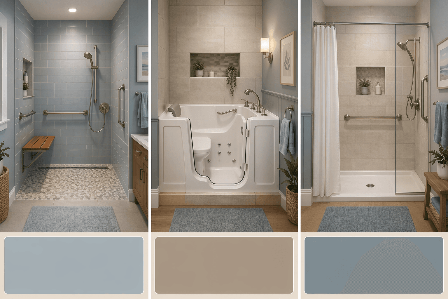 Triptych comparison illustration showing three bathroom accessibility options: left panel a curbless zero-threshold walk-in shower with linear drain, fold-down teak bench, handheld shower on slide bar, and grab bars; center panel a walk-in tub with a small step-over threshold, watertight swing door, built-in seat, and hydrotherapy jets; right panel a tub-to-shower conversion showing a standard tub footprint replaced with a low-threshold shower base, grab bars, and glass panel.