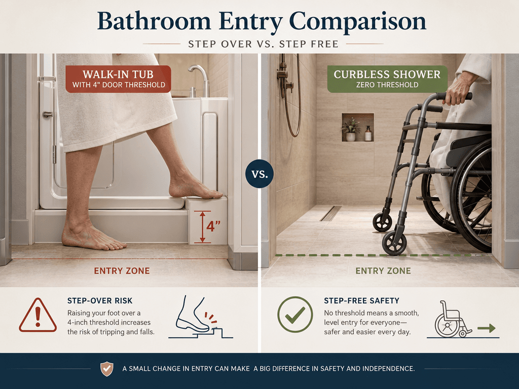 Side-by-side cross-section comparison: left shows a walk-in tub with a 4-inch door threshold requiring a step-over by an older adult with a fall-risk indicator; right shows a curbless shower with zero threshold allowing a walker to roll in smoothly at floor level with a safety checkmark.