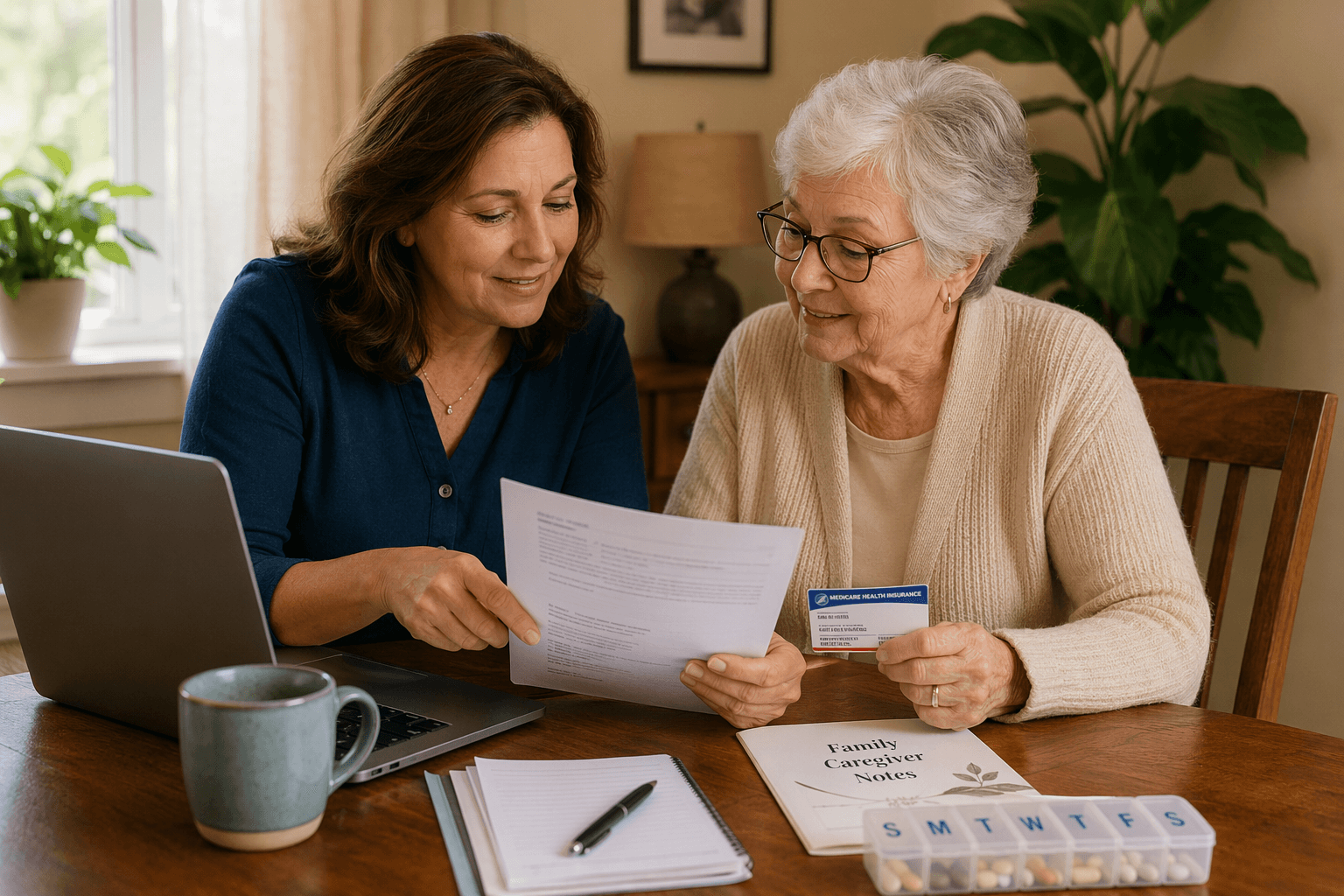 A middle-aged woman and her elderly mother sit at a wooden dining table reviewing papers with a laptop open. A coffee cup, notepad with pen, and weekly pill organizer sit on the table. A Medicare card and a 'Family Caregiver Notes' document are visible. Soft natural light comes from a window; the home setting is warm and calm.
