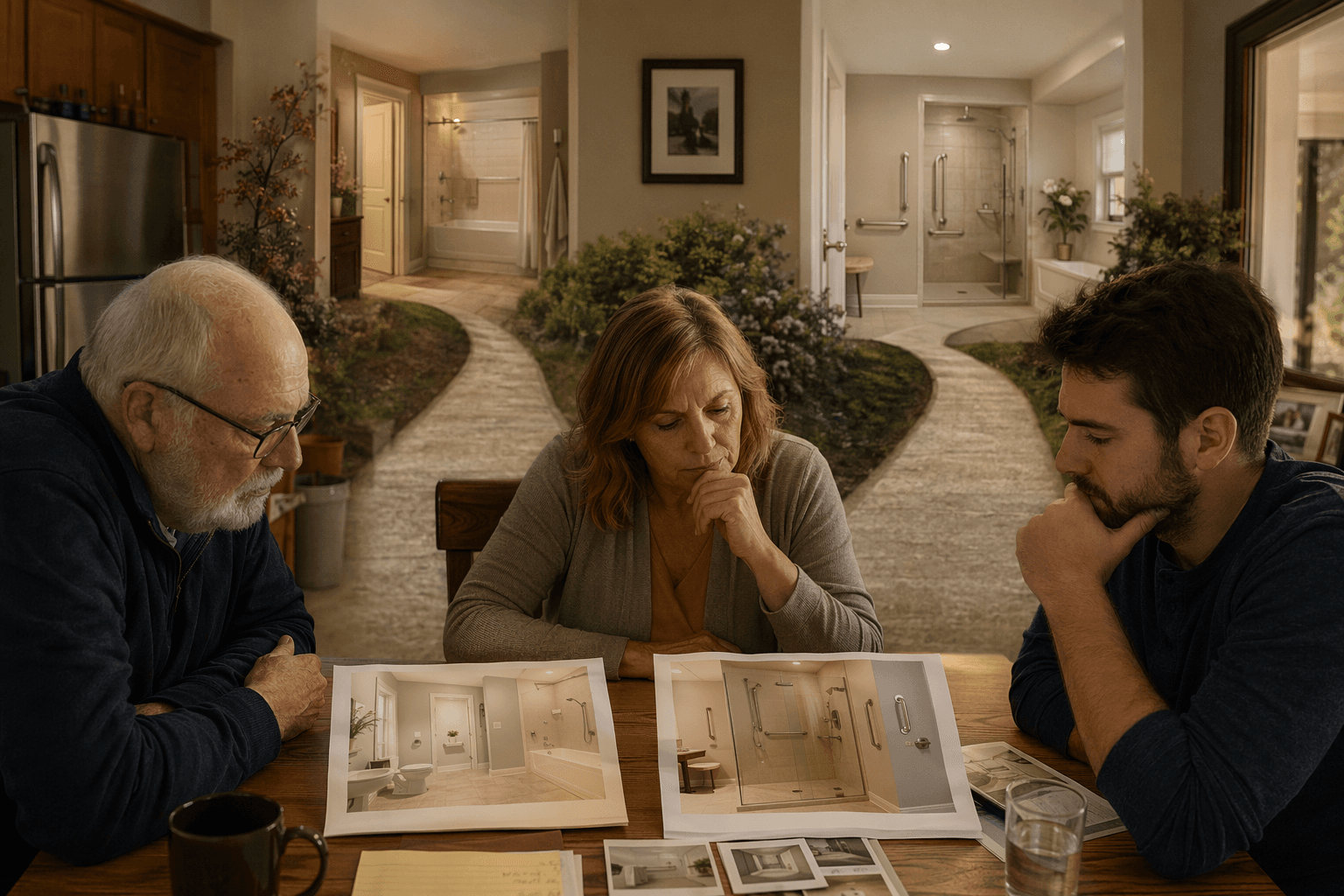 Family caregiver comparing contractor estimates and bathroom photos at a kitchen table