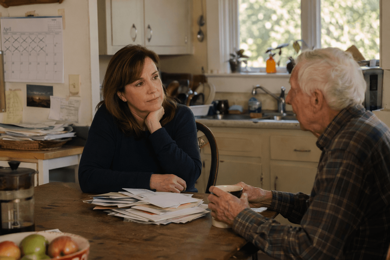 Adult daughter sits with her elderly father at a kitchen table with unopened mail, dishes, and a marked calendar nearby