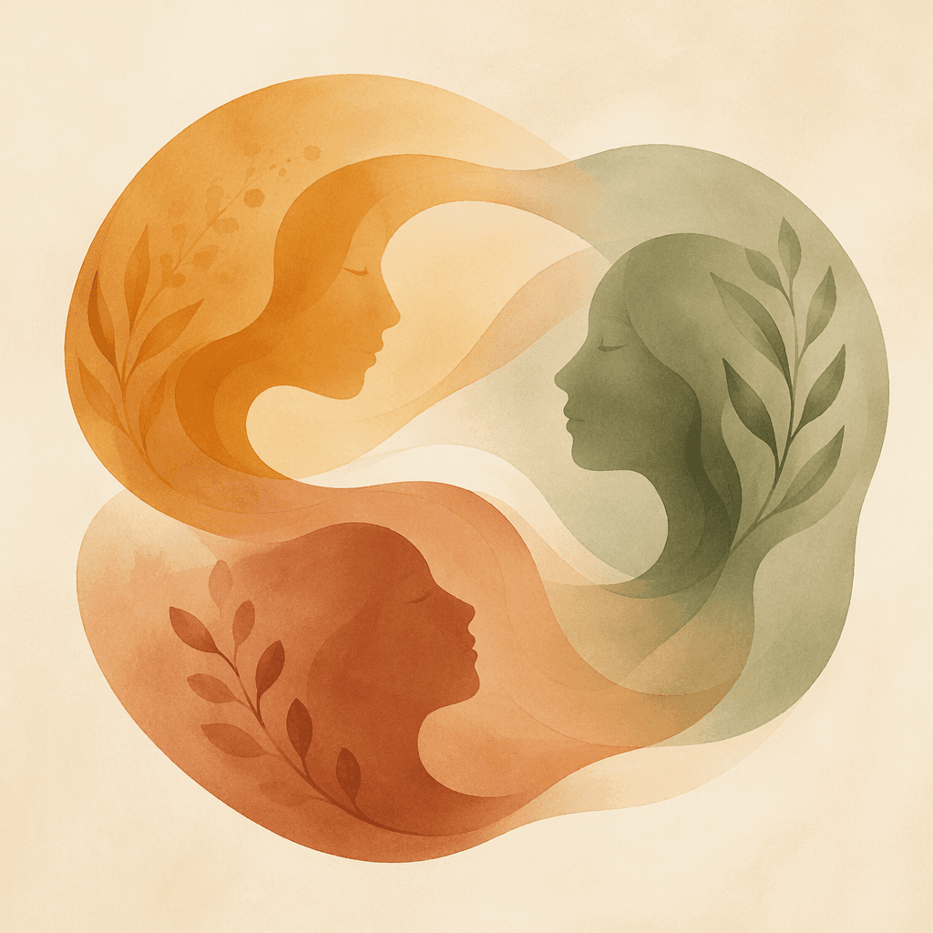 Three soft flowing organic shapes in warm amber, sage green, and muted clay tones gently overlapping like warm ribbons on a cream background, representing a gentle three-part communication framework.