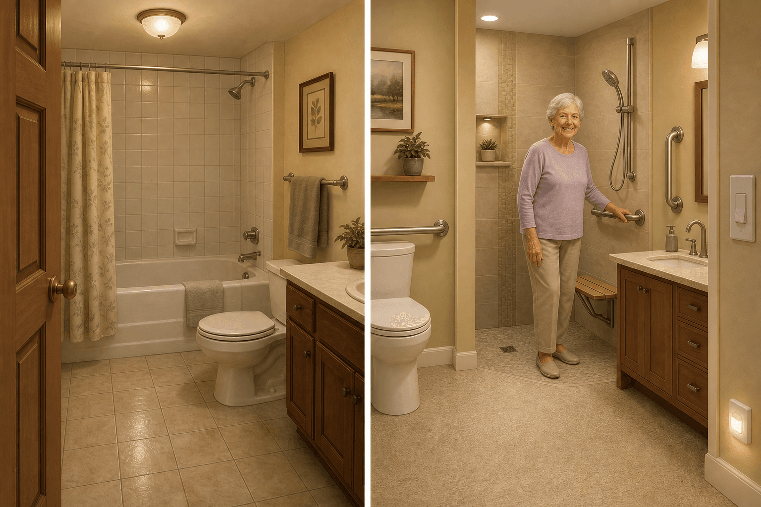 Split illustration of a home bathroom before and after aging-in-place modifications. Left side shows a standard bathroom with a bathtub, round doorknob, dim overhead light, and slippery tile floor. Right side shows the same space modified with a curbless walk-in shower with fold-down seat and handheld showerhead, grab bars near the toilet and shower, lever faucet, ADA-height toilet, motion-sensor night light, textured nonslip flooring, and a paddle light switch. A smiling older adult in their 70s uses a grab bar near the shower entry.