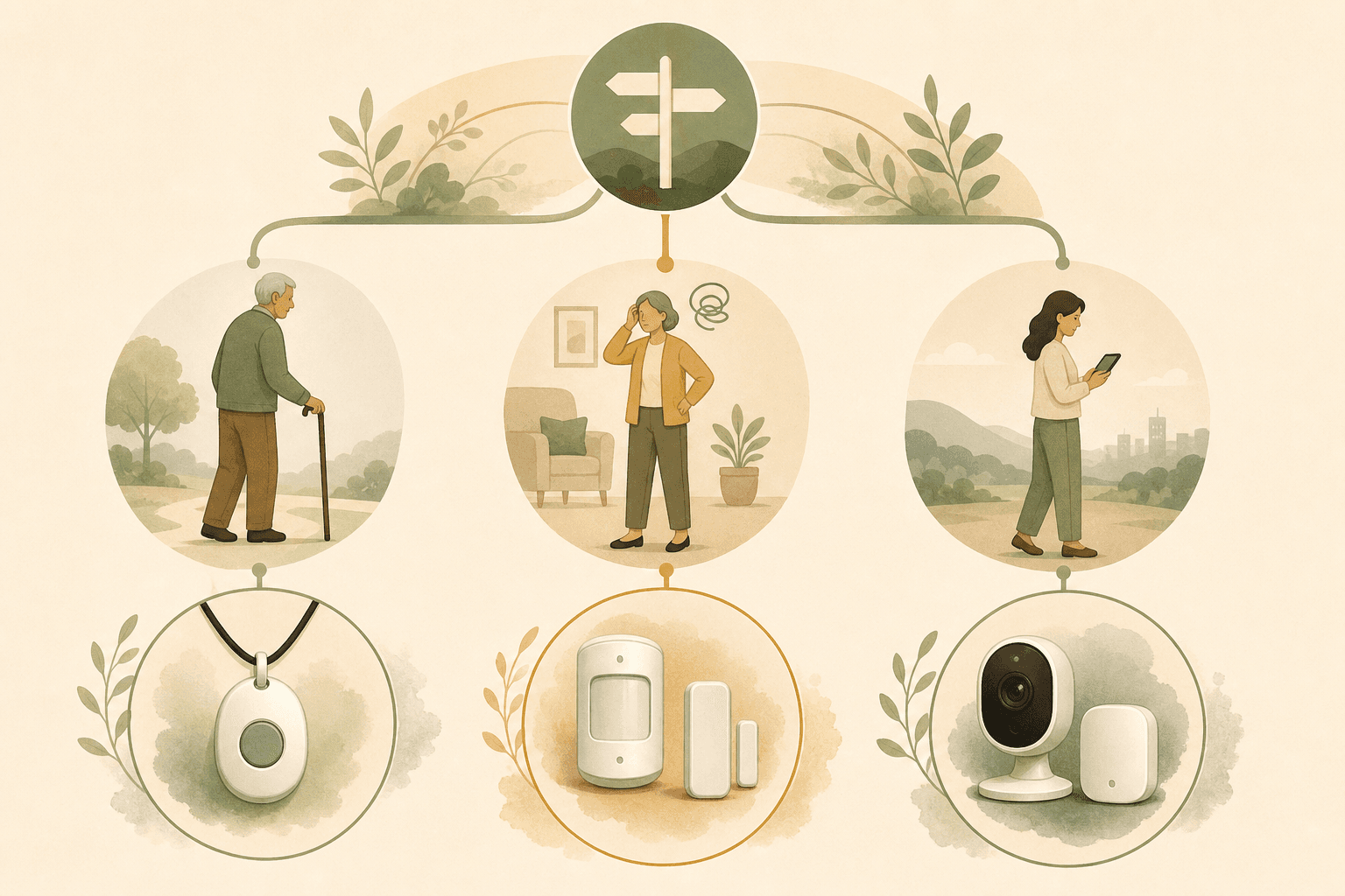 A decision pathway illustration showing three character silhouettes each connected to a recommended monitoring approach: a person with a cane connected to a wearable pendant icon, a person with a slightly confused posture connected to passive sensor icons, and a person looking at a tablet connected to a camera-plus-sensor icon.