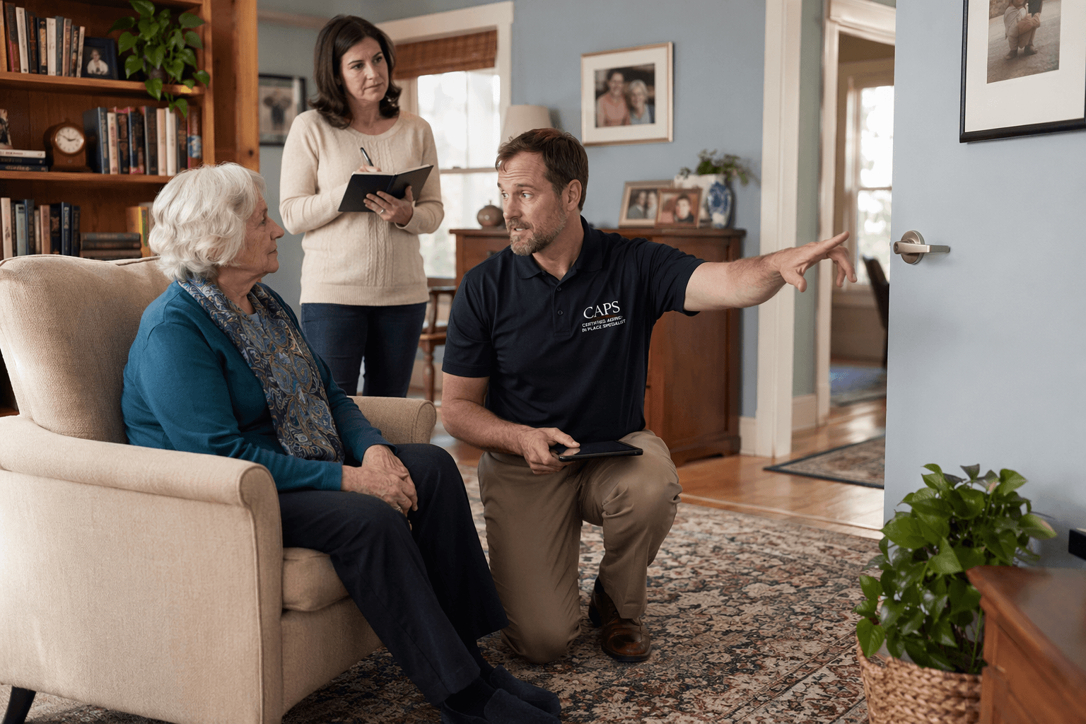 A CAPS-certified aging-in-place specialist kneels beside an armchair in a warm living room, pointing toward a doorway while explaining a modification to an older adult seated in the chair, as an adult child stands behind holding a notebook.