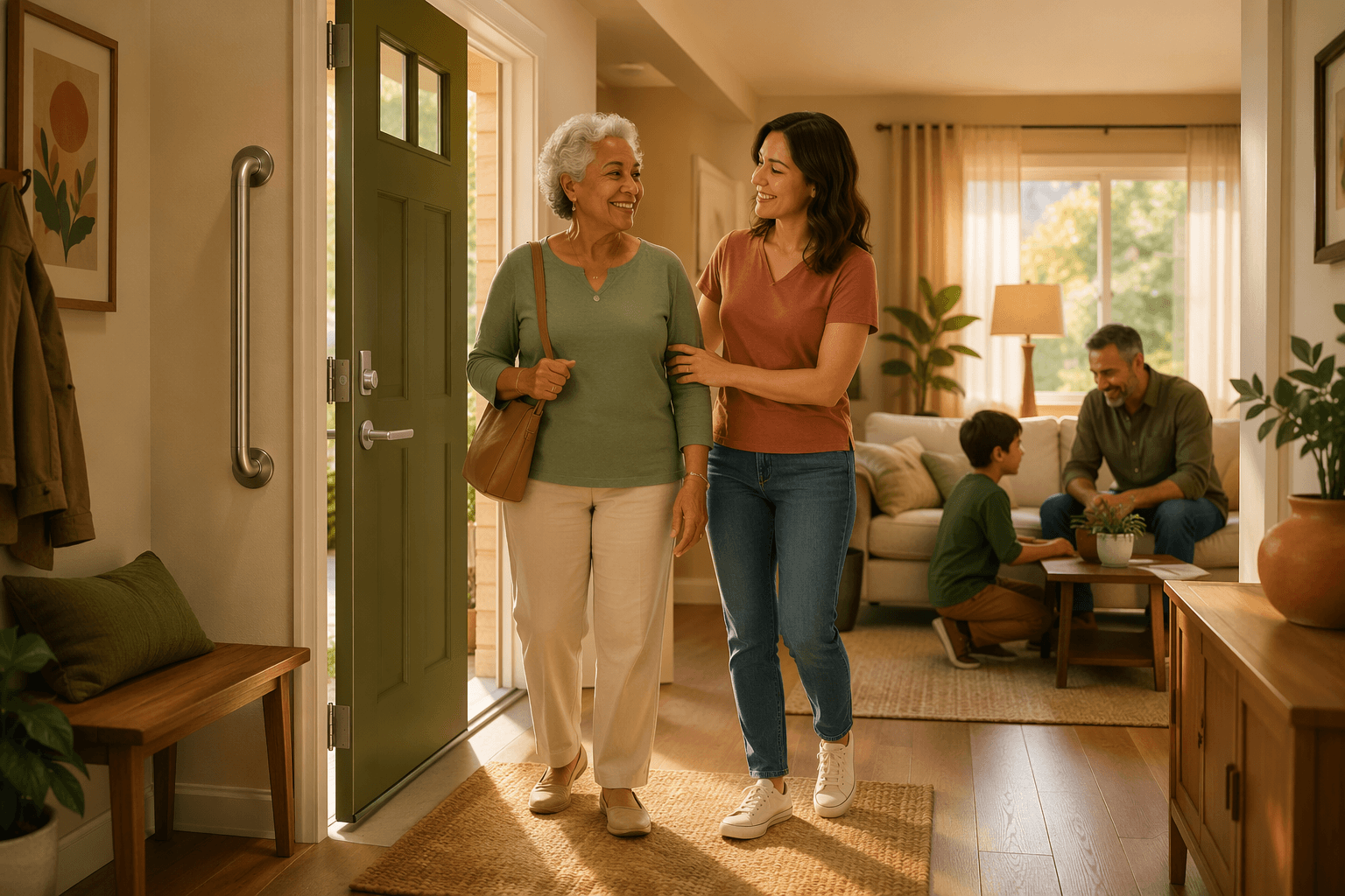 An older adult sits on a wooden bench in a warm entryway with a grab bar near the door and a lever handle; a younger family member stands nearby, the scene conveying comfortable independence with subtle support.