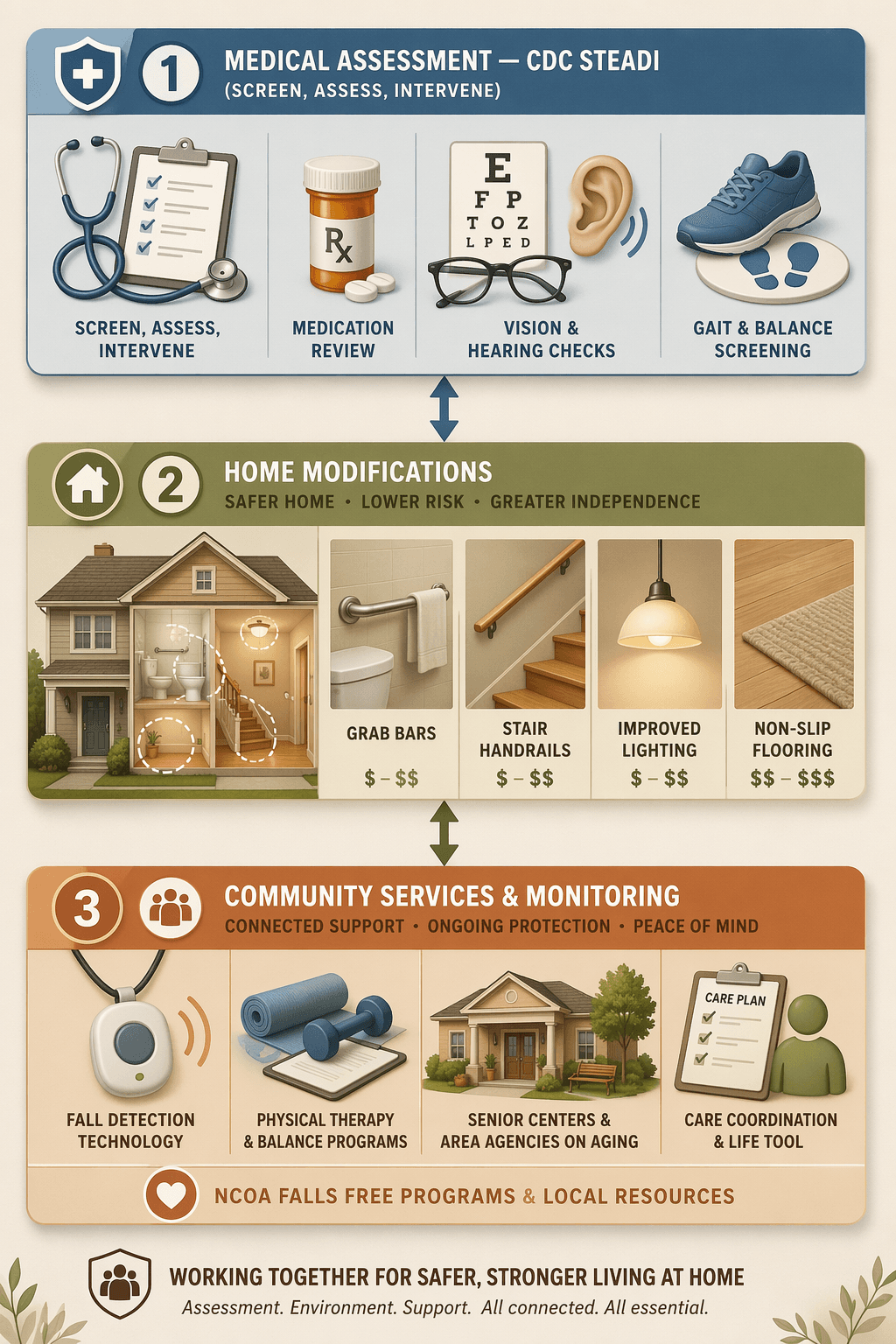An editorial infographic with three stacked horizontal sections: the top section shows medical assessment icons representing CDC STEADI screening; the middle section shows home modification icons representing bathroom grab bars, stairs, and lighting; the bottom section shows community services icons representing a medical alert pendant, therapist, senior center, and care coordinator, with connecting arrows indicating coordination between the three layers.