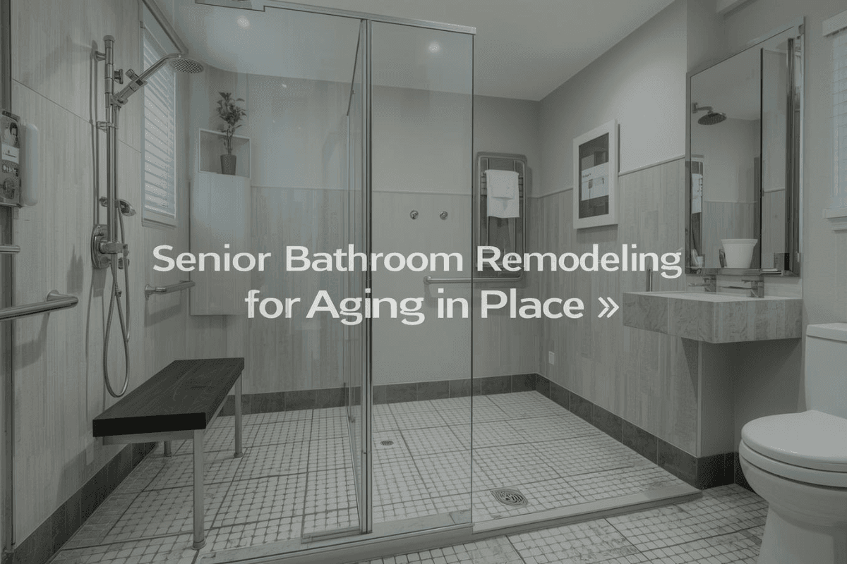 Bright modern bathroom with curbless walk-in shower, clear glass enclosure, built-in corner bench, horizontal grab bar on shower wall, and large-format non-slip tile that flows continuously from bathroom floor into shower without a threshold.