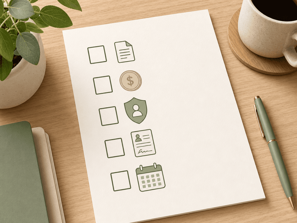 A vertical checklist with five unchecked boxes paired with icons for EIN, payroll, workers' comp, I-9, and backup care.