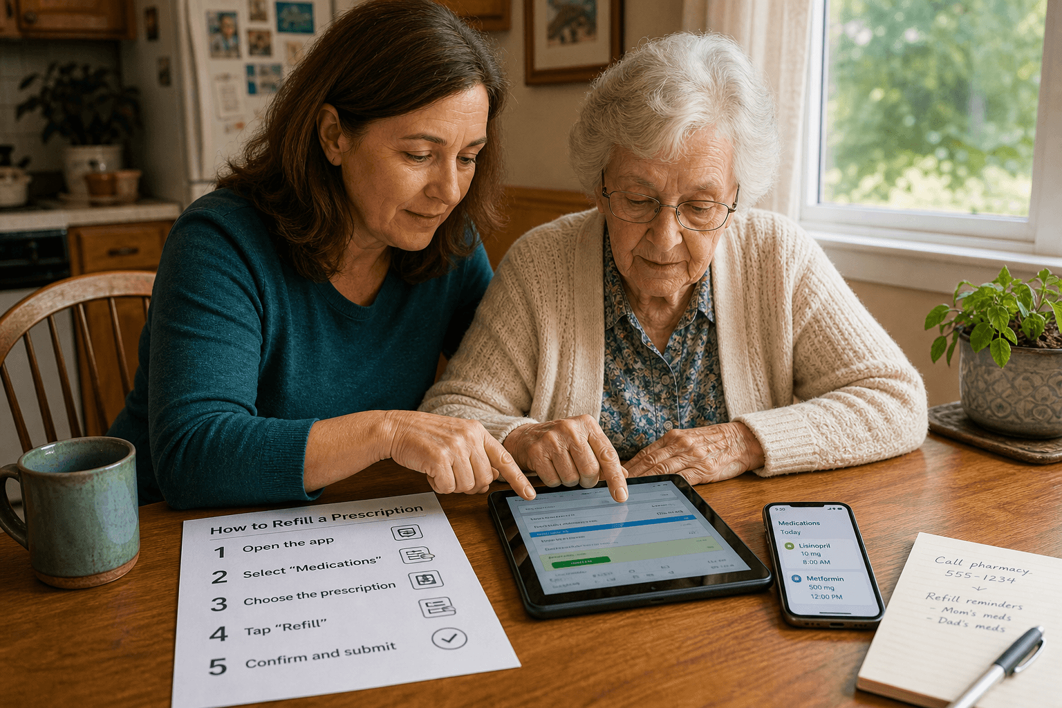 An adult child in their 40s sits beside an older parent at a wooden kitchen table, gently guiding the parent's hand on a tablet screen. Printed step-by-step instructions with large text lie on the table. A smartphone with a medication reminder app sits nearby. Warm natural lighting streams through a window. Both faces show calm, patient expressions.