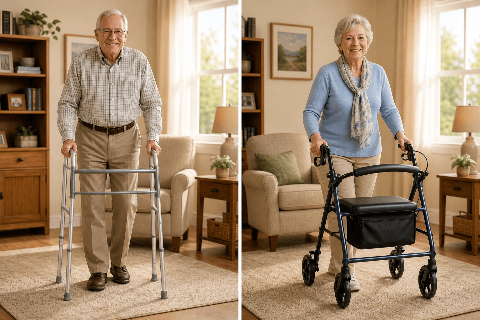 Two seniors in a warm living room: one using a standard walker, the other using a rollator with hand brakes and built-in seat.