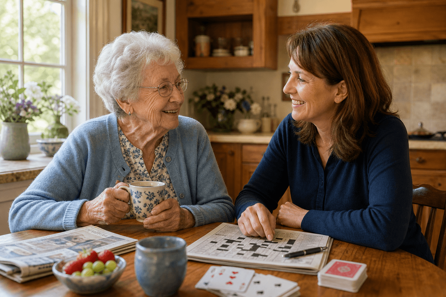 A senior woman and a middle-aged sitter seated at a kitchen table with natural daylight from a window, sharing a deck of cards and coffee cups in a warm, comfortable home setting.